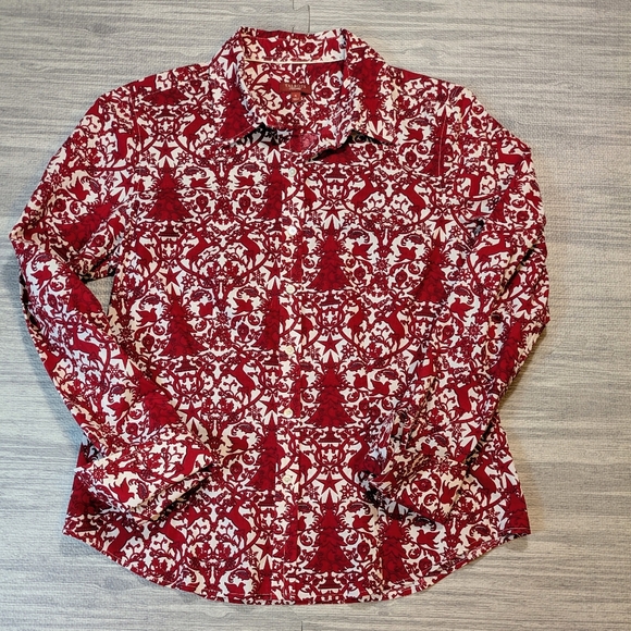 Talbots Haberdashery Holiday‎ Christmas Reindeer Buttondown Cotton Blouse/Top 6 - Picture 3 of 9